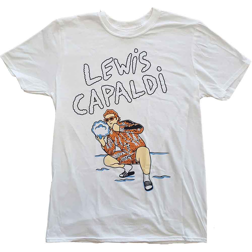 White t-shirt with illustration of Lewis Capaldi and a snow leopard.