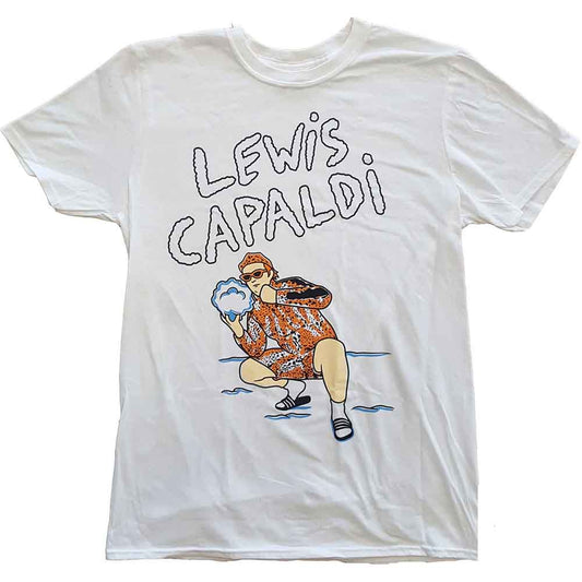 White t-shirt with "Lewis Capaldi" and illustrated snow leopard design.