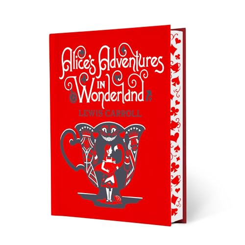 Red book cover titled Alice's Adventures in Wonderland featuring a teacup illustration with Alice.