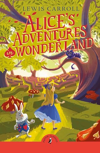 Book cover illustration showing Alice, the White Rabbit, and the Cheshire Cat in Wonderland.