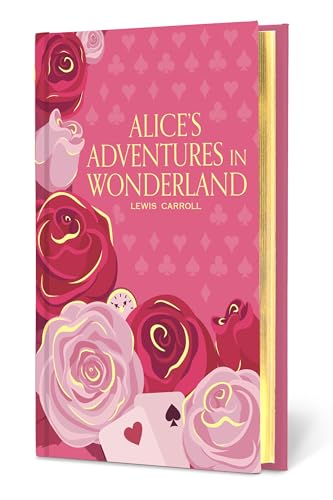 Book cover for "Alice's Adventures in Wonderland" with roses and cards.