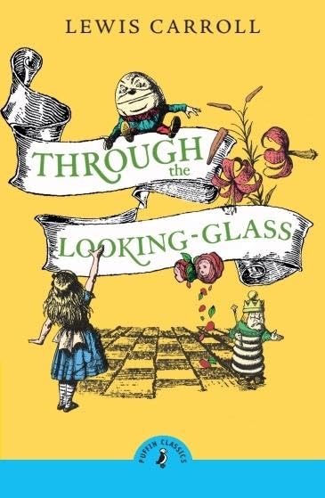 Book cover for "Through the Looking-Glass" with Alice and fantastical figures.