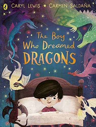 Book cover showing a sleeping boy surrounded by colorful dragons in a starry sky.