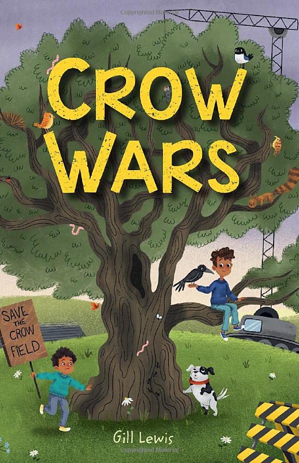 Book cover: “Crow Wars” depicts children, a dog, and crows near a tree.