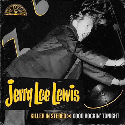 Jerry Lee Lewis album cover, black and gold design, piano performance.