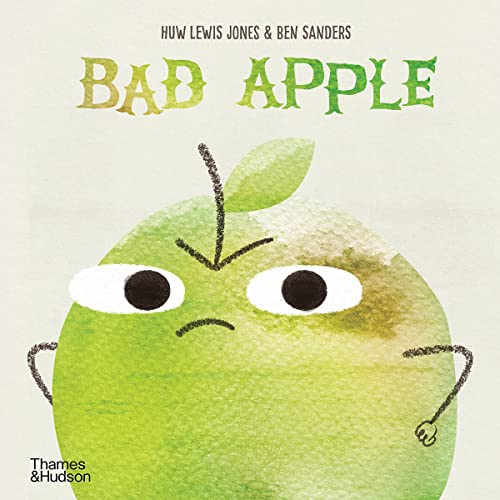 A grumpy green apple with arms and eyes on a light background.