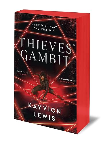 Book cover for Thieves' Gambit featuring a person crouching amidst red laser beams.