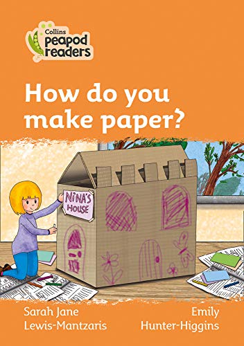 Book cover: "How do you make paper?" with illustration of a child and cardboard house.
