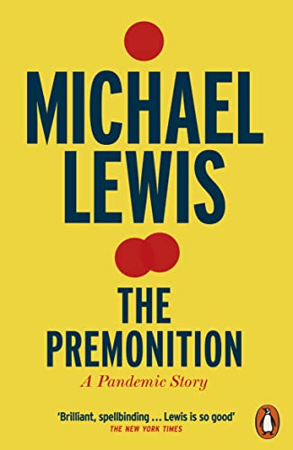 Book cover: "The Premonition" by Michael Lewis, yellow background, red dots.