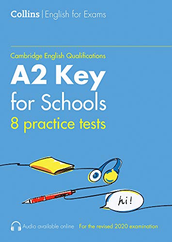 Book cover for A2 Key for Schools practice tests with school supplies.