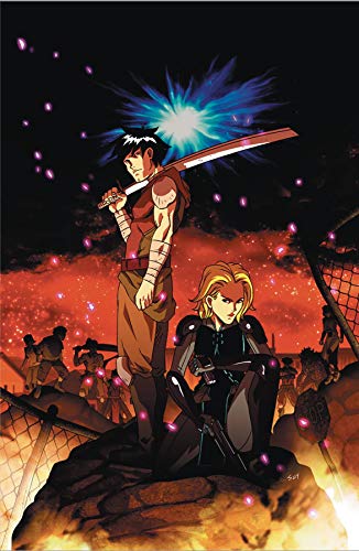 Anime-style man with sword and woman in armor standing before a fiery background.