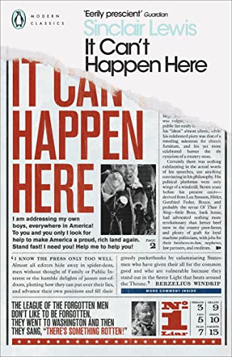 Book cover: "It Can't Happen Here" by Sinclair Lewis, resembling a newspaper.