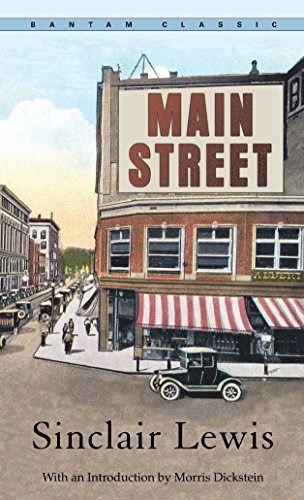Book cover of Sinclair Lewis’ “Main Street” with a vintage town scene.