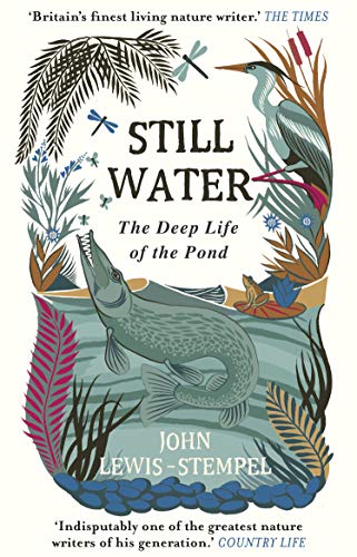 Book cover depicting pond life: heron, fish, dragonfly, and plants.