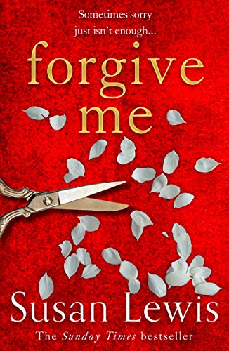 Book cover: red background, scattered petals, scissors, and title "forgive me".