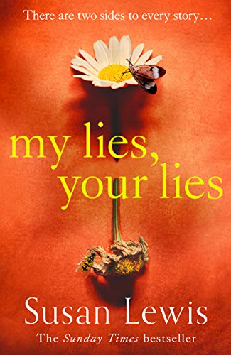 Book cover: red background, daisy with butterfly, title “My Lies, Your Lies.”