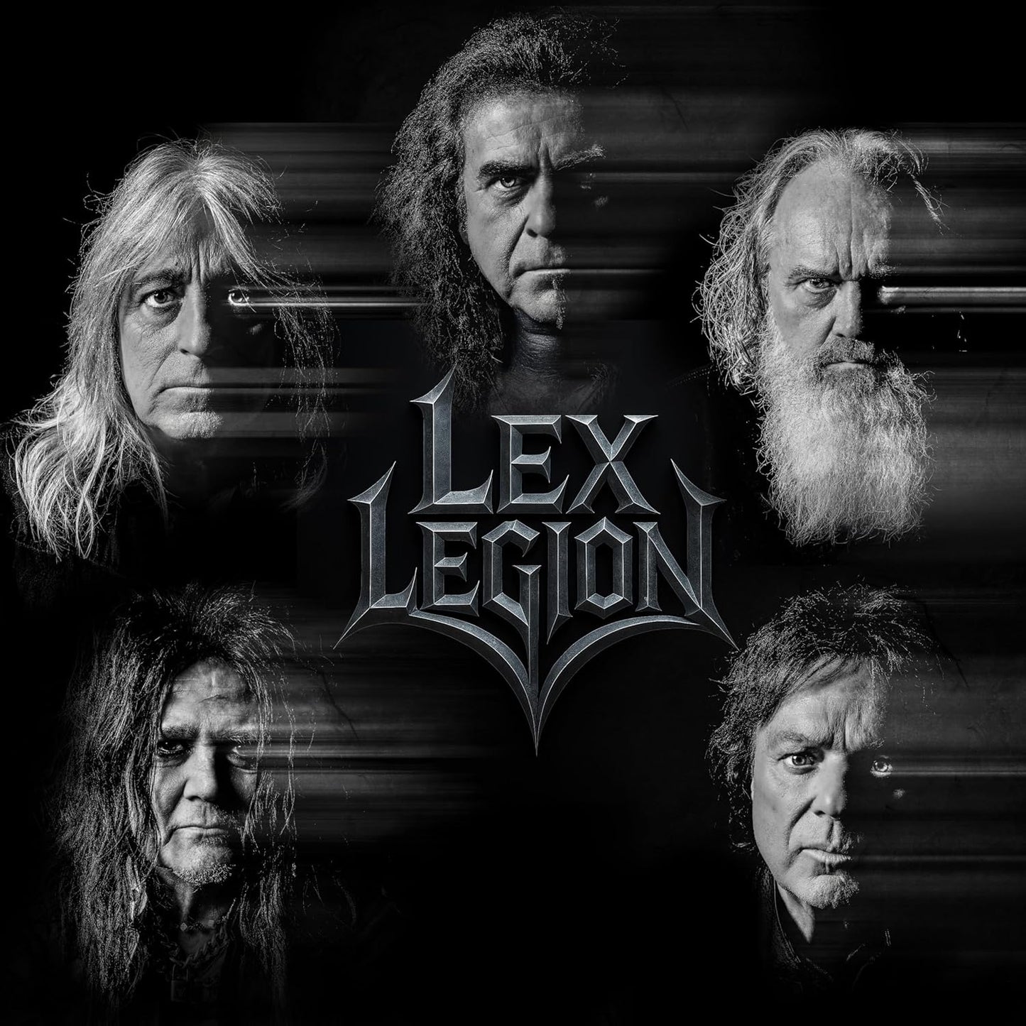 Black and white portrait of four long-haired men with the band name “Lex Legion”.