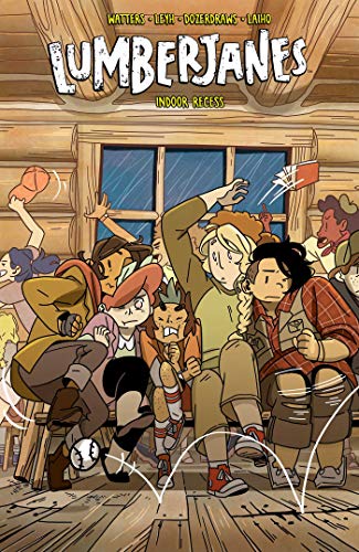 Lumberjanes comic book cover with a group of energetic girls indoors.