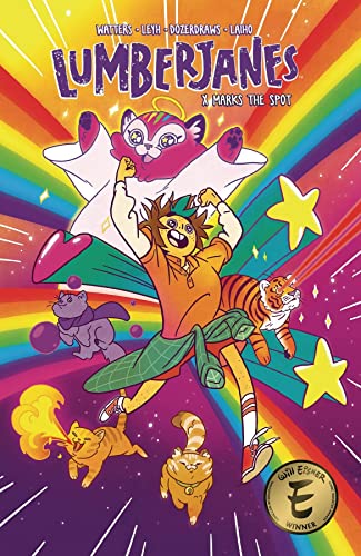 Comic book cover featuring a girl jumping surrounded by cats against a rainbow background.