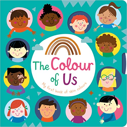 Teal book cover featuring a central rainbow and diverse children in colorful circular frames.
