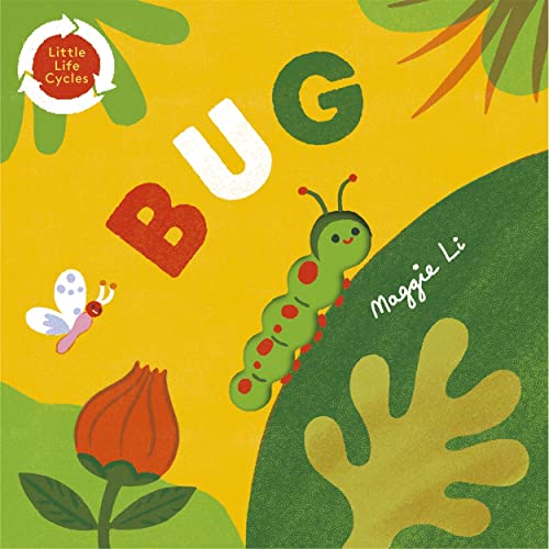 Book cover with caterpillar, butterfly, flower, and bold yellow background.