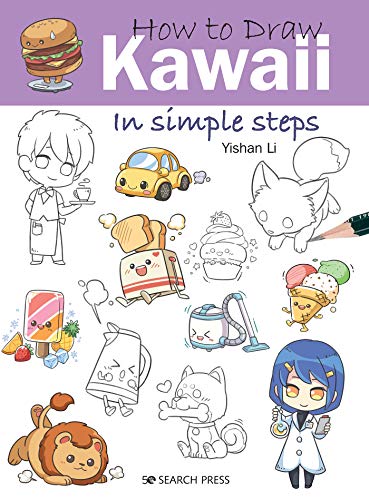 Book cover with cute kawaii drawings of food, animals, and people on purple background.