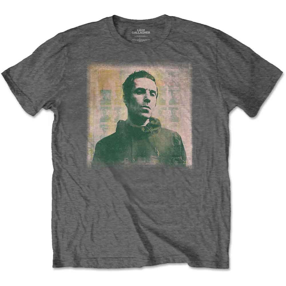 Black t-shirt featuring a monochrome portrait of Liam Gallagher.