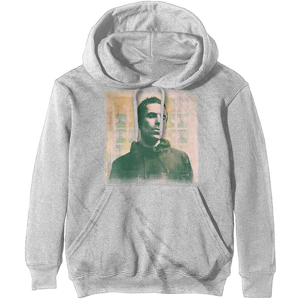 Gray hoodie with a portrait of Liam Gallagher on the front.