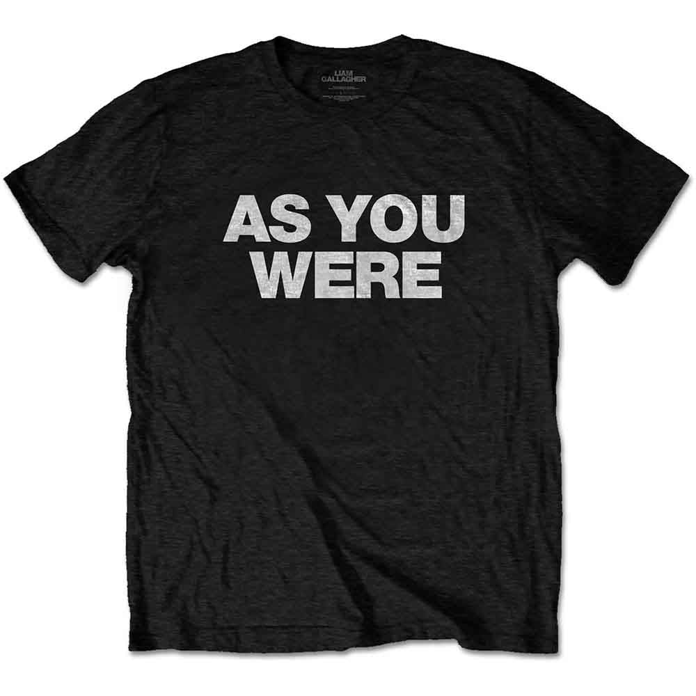 Man wearing a black t-shirt with "AS YOU WERE" printed on it.