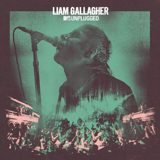 "Liam Gallagher MTV Unplugged vinyl album cover with singer and crowd in green tone."