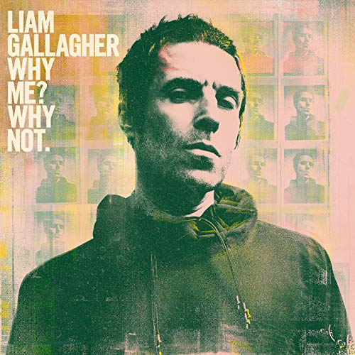 Liam Gallagher's album cover featuring a faded portrait of him with multiple smaller images.