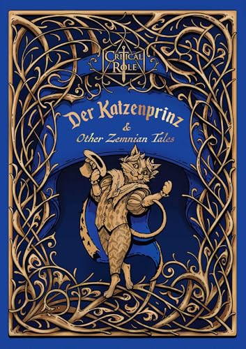 Book cover featuring a cat in a suit, ornate gold frame, blue background.