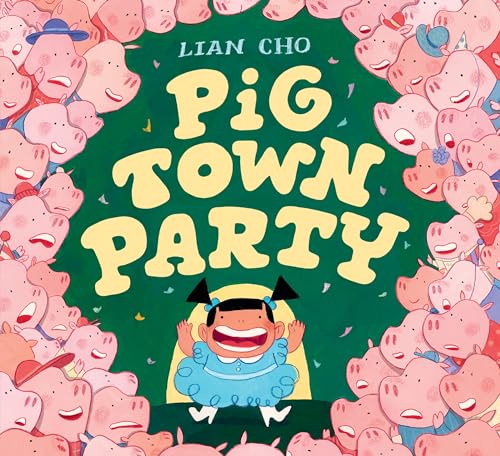 Book cover: a smiling girl surrounded by many pink pigs.
