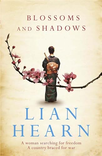 Book cover: woman with cherry blossoms, titled "Blossoms and Shadows" by Lian Hearn.