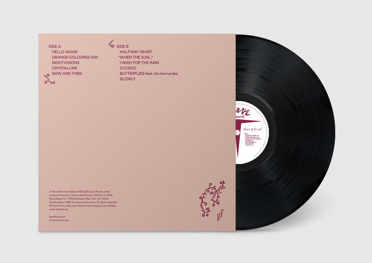 Liana Flores’ “Flower of the Soul” vinyl record, showing tracklist details.