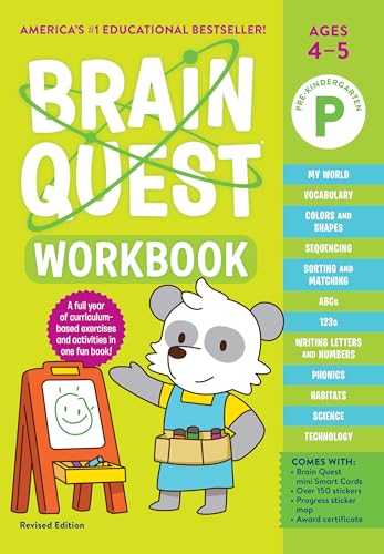 Brain Quest Pre-K workbook cover with a panda and learning topics listed.