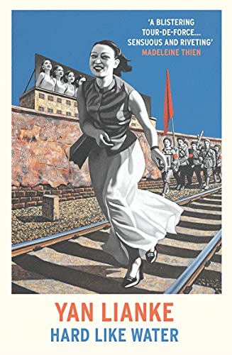 Book cover: woman running on train tracks, distant figures, red flags.