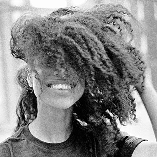 Black and white portrait of Lianne La Havas with curly hair.