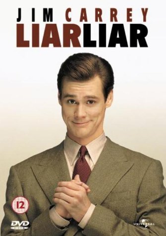 DVDCary in a brown suit with hands clasped on Liar Liar DVD cover.