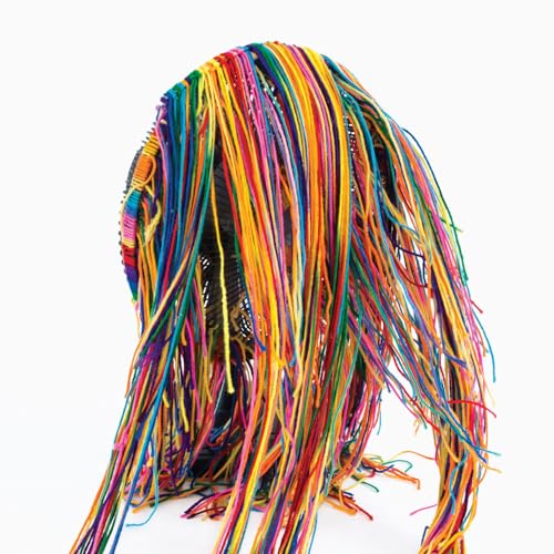 Colorful, stringy head sculpture against a plain white background.