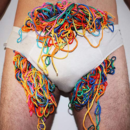 Person wearing white underwear with colorful yarn covering the groin area.