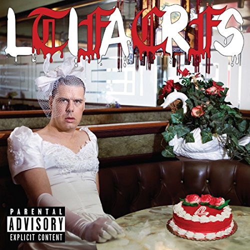 Album cover: woman in white wedding dress with cake on a restaurant table.