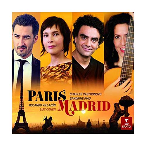 "CD cover featuring four musicians and city skylines of Paris and Madrid."