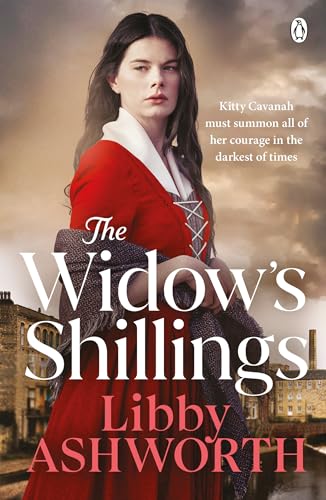 Book cover: woman in red dress, historical setting, title “The Widow’s Shillings”.