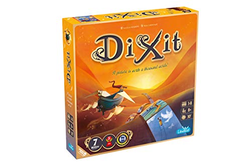 Dixit board game box with surreal imagery of a bird and boat.