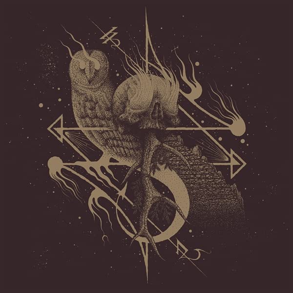 Detailed illustration of an owl, skull, and occult symbols in sepia tones.