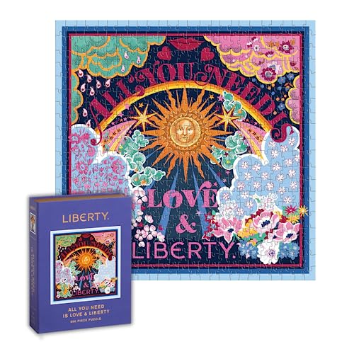 Completed jigsaw puzzle with sun, flowers, and text: “Love & Liberty.”
