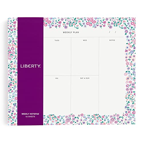 Floral weekly planner notepad with purple border and “LIBERTY.” text.