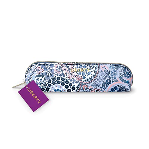 Floral patterned pencil case with a gold zipper and purple tag.