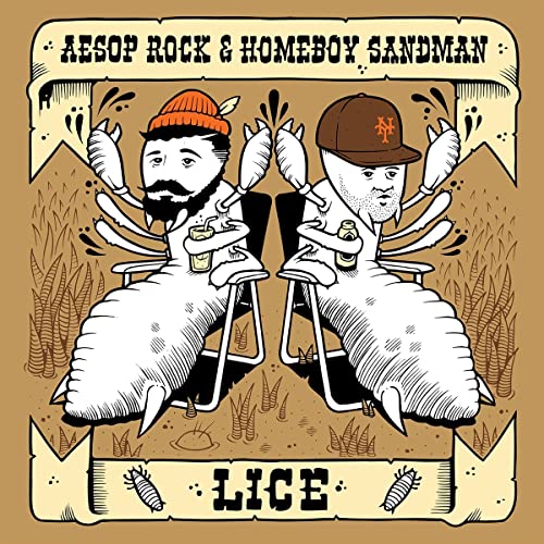 Album cover for "LICE" by Aesop Rock & Homeboy Sandman, featuring lobster-headed figures.